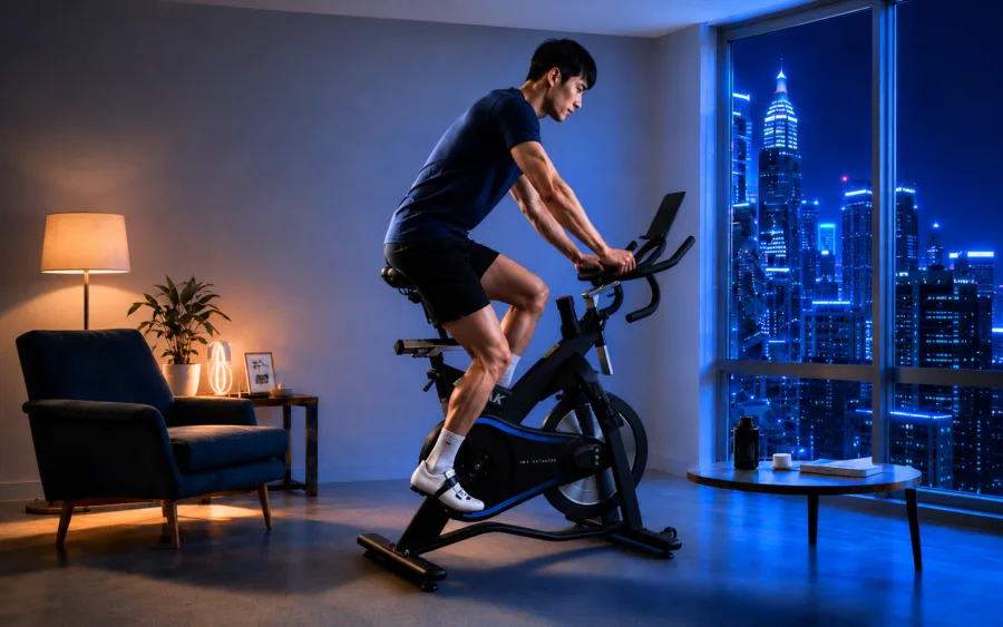 深夜低光下的專注騎乘
